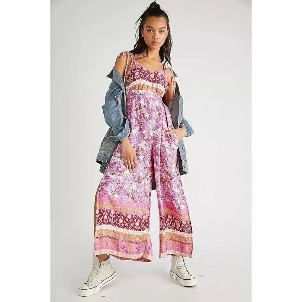 NWT FREE PEOPLE Sz M LEONA JUMPSUIT ONE PIECE PRINTED JUMPER IN LILAC